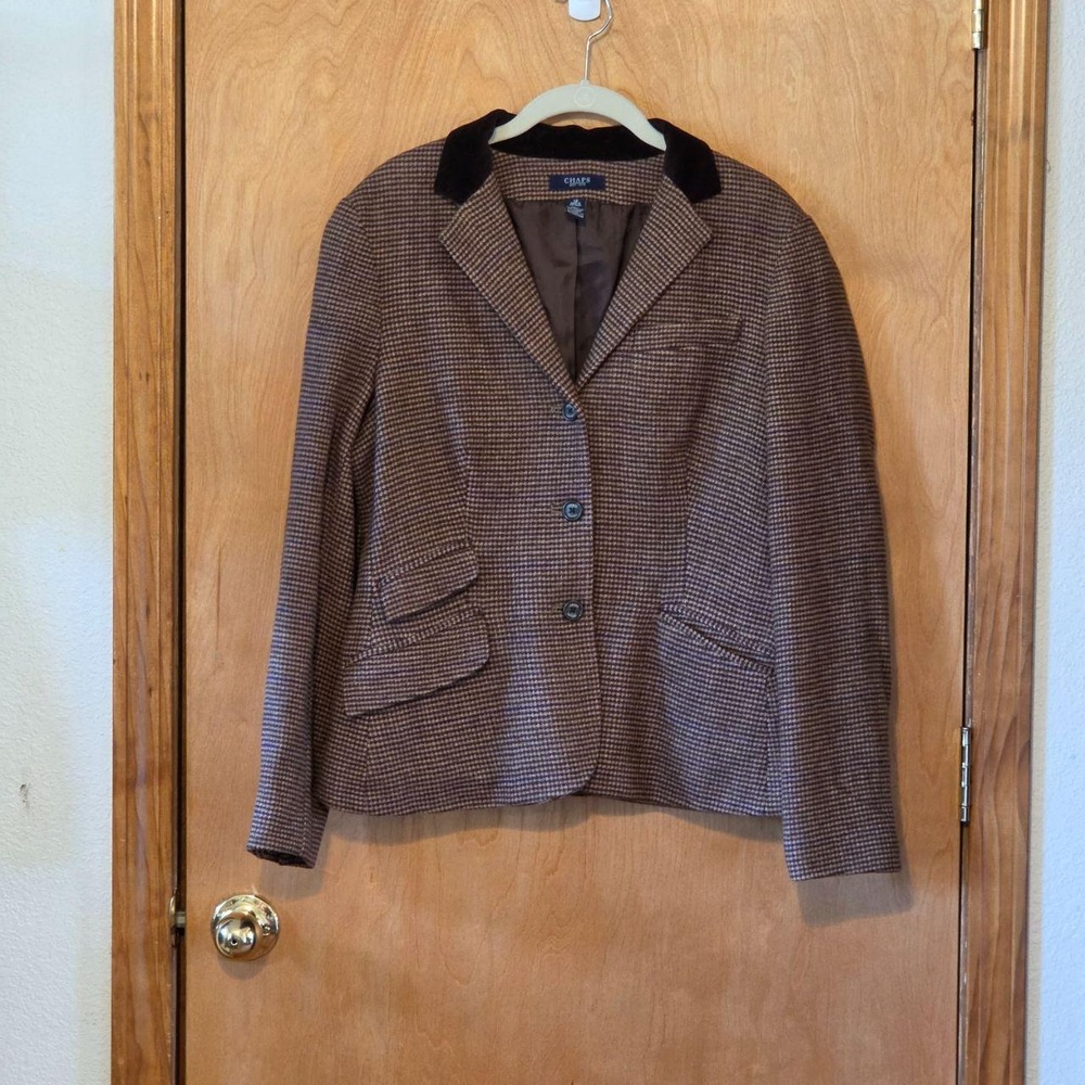 Chaps Womens Brown Houndstooth Wool Blend Equestrian Blazer Corduroy Collar 12